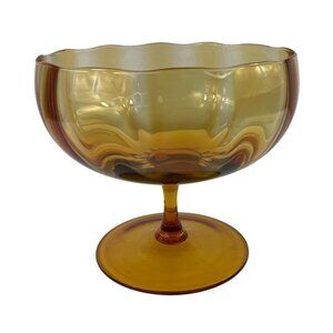 Empoli Mid Century Hand Blown Amber Glass Pedestal Compote Bowl